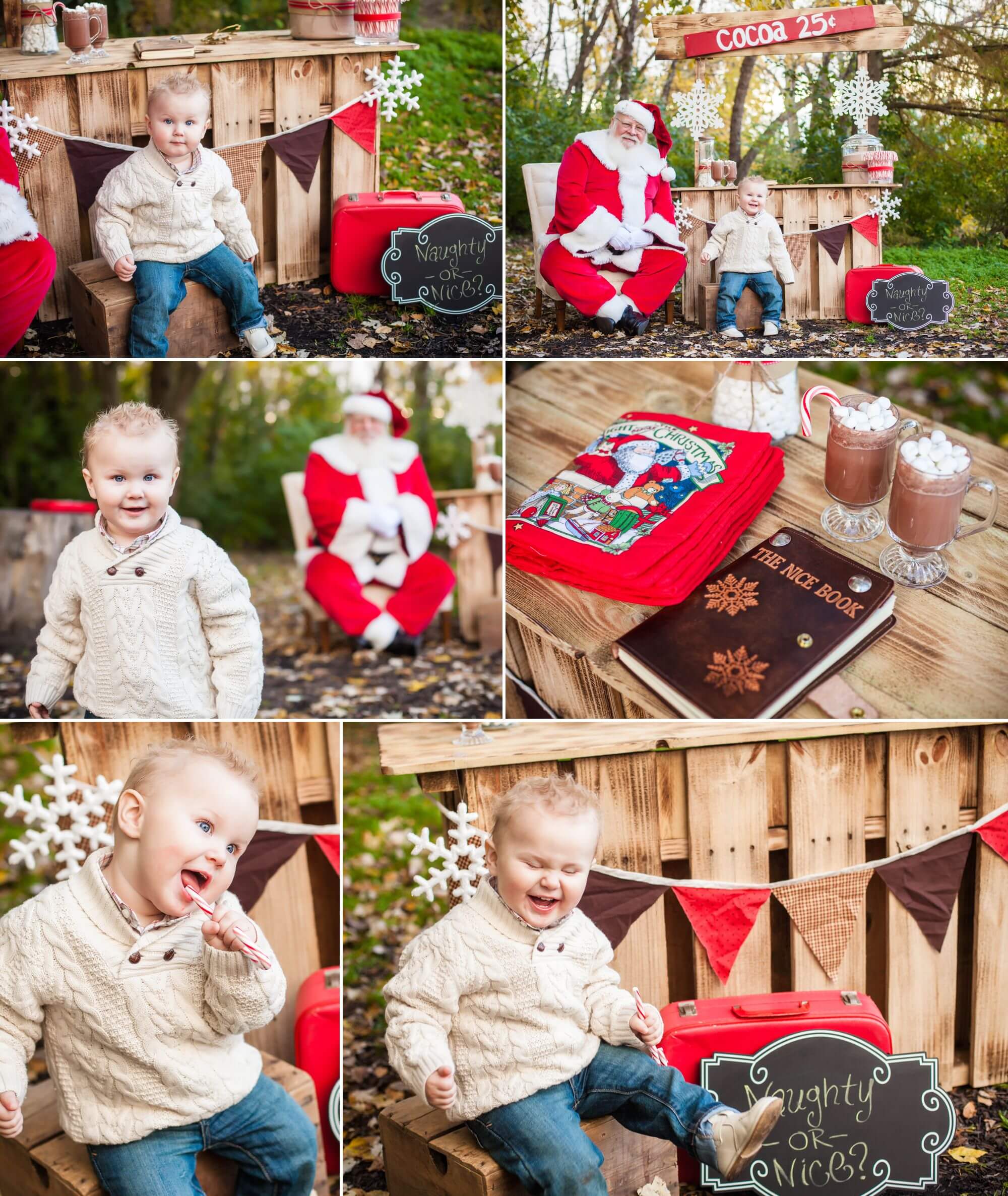 Santa Mini sessions with little boy sitting on wood crate while eating a candy cane
