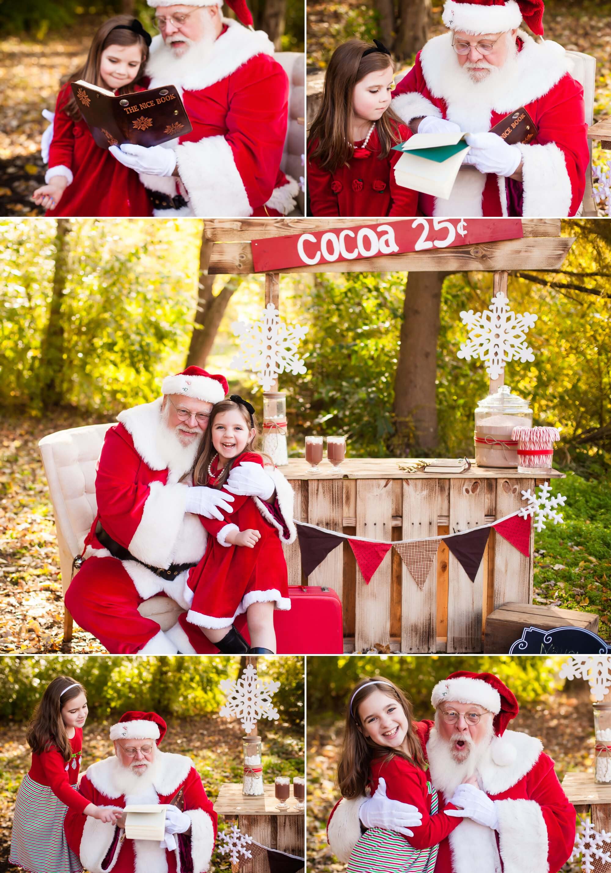 Family Photographer in Columbus Ohio captures Santa reading book to child in red dress while sitting on his lap 