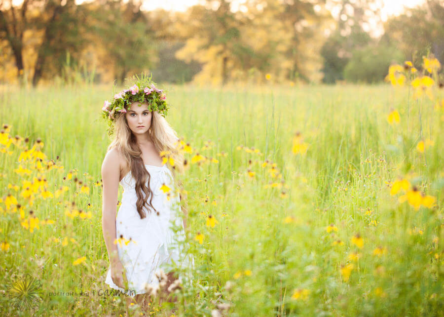 Senior Portraits Columbus Ohio girl in field floral head wreath
