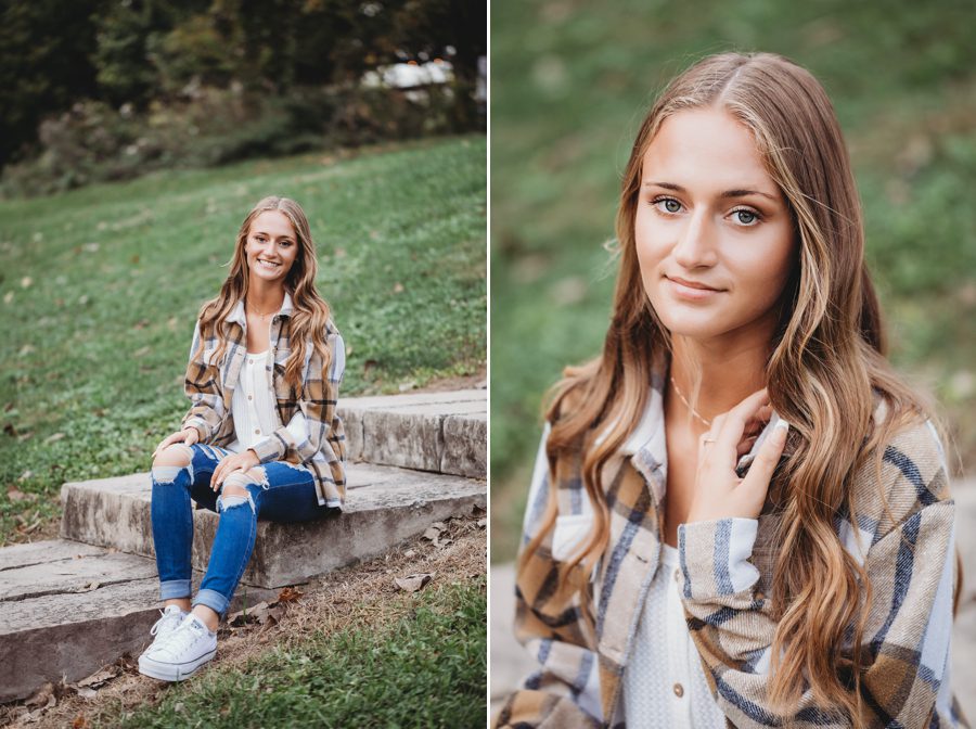 high school senior wearing flannel and sitting on stairs