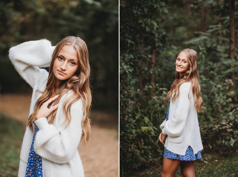 senior girl in blue dress with fuzzy sweater