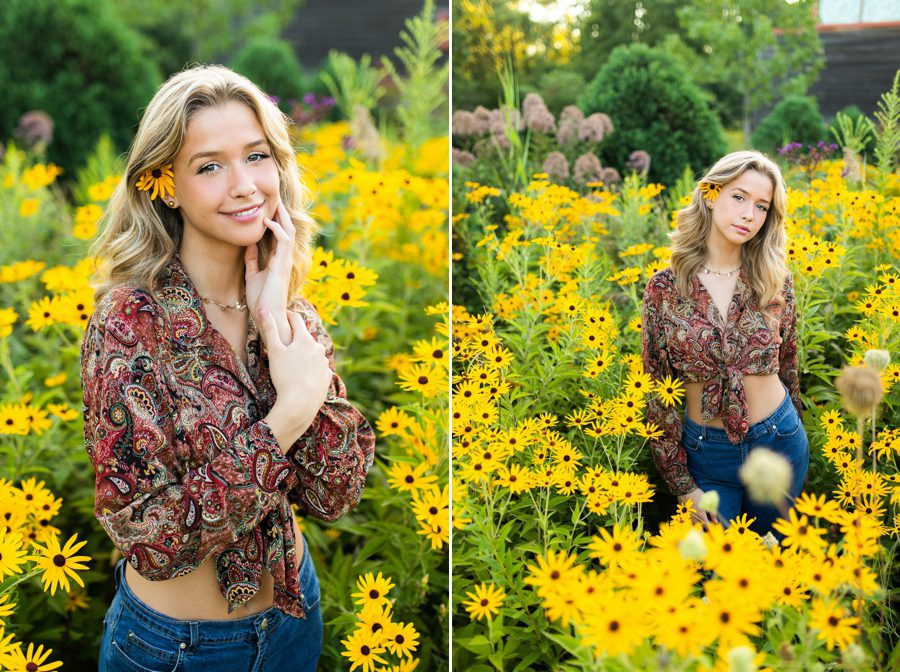 high school senior girl in yellow daisy field