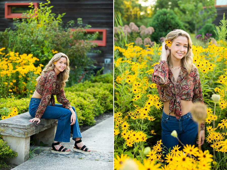 high school girl sitting on bench with flowers